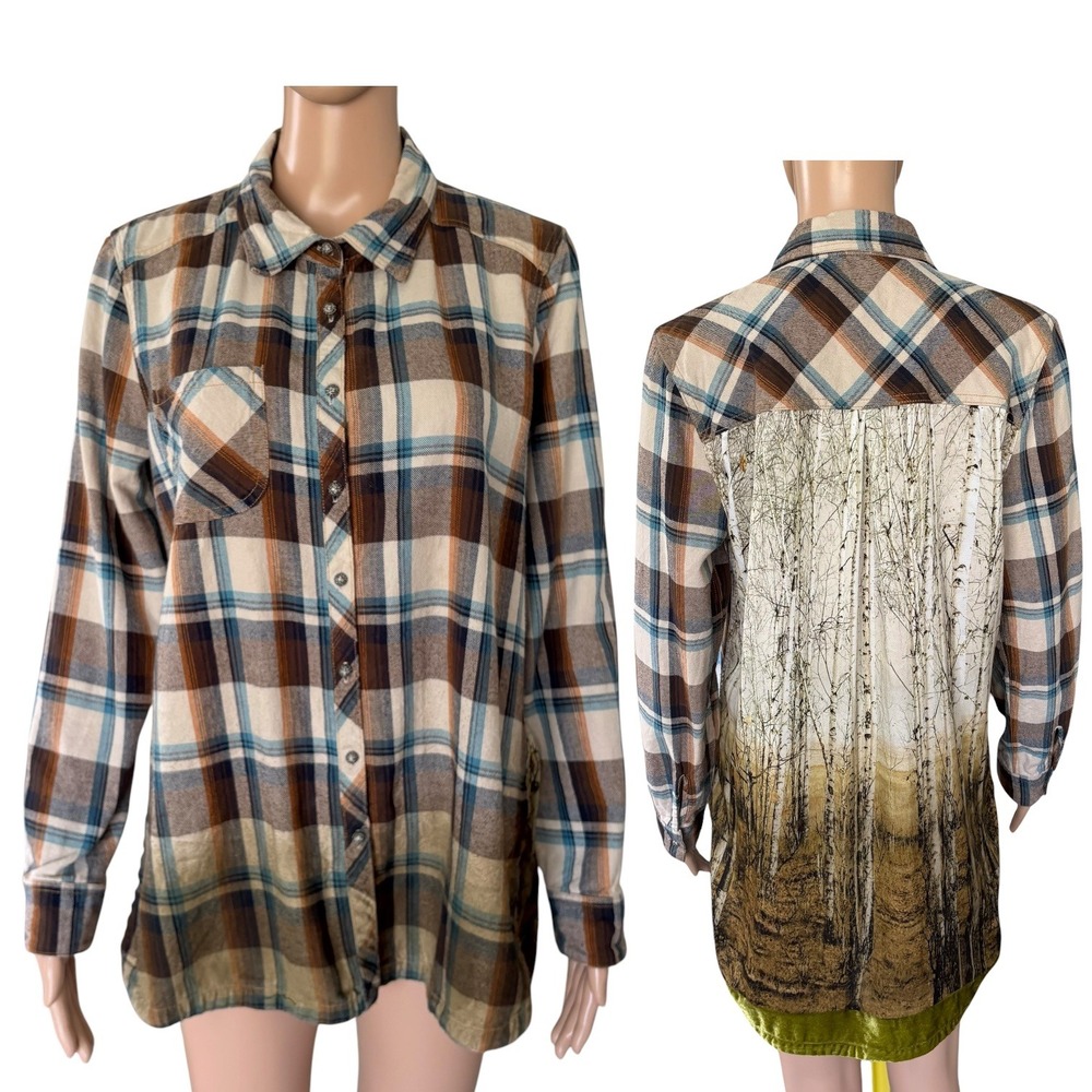 Aratta Silent Journey Plaid Mixed Media Graphic Back Button Down Shirt M Forest